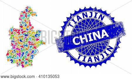 Tianjin City Map Flat Illustration. Splash Collage And Grunge Seal For Tianjin City Map. Sharp Roset