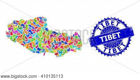 Tibet Map Abstraction. Splash Collage And Scratched Watermark For Tibet Map. Sharp Rosette Blue Stam