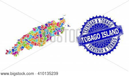 Tobago Island Map Abstraction. Spot Mosaic And Scratched Mark For Tobago Island Map. Sharp Rosette B