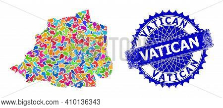 Vatican Map Vector Image. Spot Mosaic And Distress Badge For Vatican Map. Sharp Rosette Blue Mark Wi