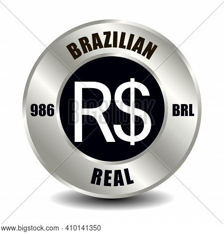 Brazil Money Icon Isolated On Round Silver Coin. Vector Sign Of Currency Symbol With International I