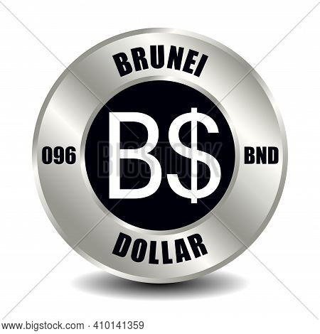 Brunei Money Icon Isolated On Round Silver Coin. Vector Sign Of Currency Symbol With International I