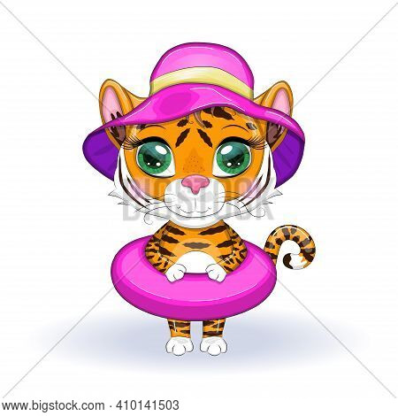 Cute Cartoon Tiger With Beautiful Eyes, Orange With A Circle For Swimming And Wearing A Hat. The Con