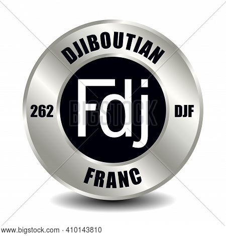 Djibouti Money Icon Isolated On Round Silver Coin. Vector Sign Of Currency Symbol With International