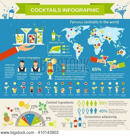 Cocktail Worls Wide Consumption Distribution Map With Margarita Mojito Americano Glasses Infigraphic