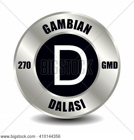 Gambia Money Icon Isolated On Round Silver Coin. Vector Sign Of Currency Symbol With International I
