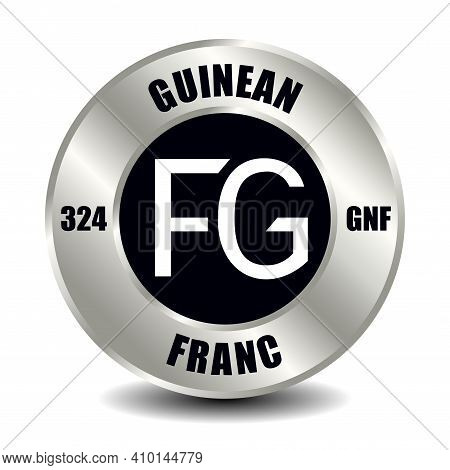 Guinea Money Icon Isolated On Round Silver Coin. Vector Sign Of Currency Symbol With International I