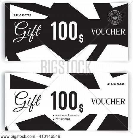 Vector Gift Voucher Template. Universal Flyer For Business. Luxury Black White Vector Design For Dep