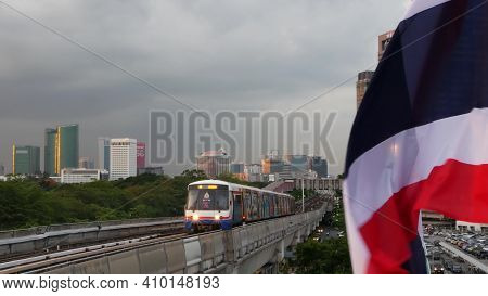 Bangkok, Thailand - 10 July, 2019: View Of Modern Asian City From Bts Sky Train Platform. Train On M
