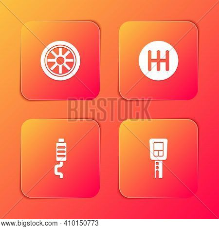 Set Car Wheel, Gear Shifter, Muffler And Key With Remote Icon. Vector