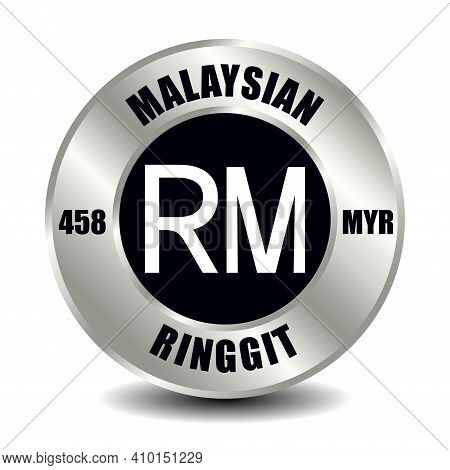 Malaysia Money Icon Isolated On Round Silver Coin. Vector Sign Of Currency Symbol With International