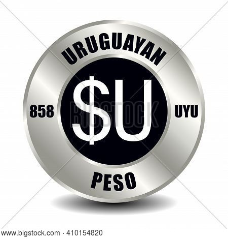 Uruguay Money Icon Isolated On Round Silver Coin. Vector Sign Of Currency Symbol With International 
