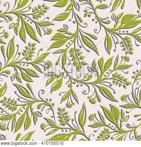 Floral Seamless Pattern With Leaves And Berries In Chartreuse Green And Cream Colors. Hand Drawn And