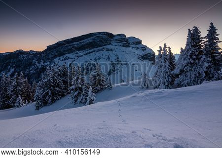 A Cold Sunrise On La Dent De Crolles In Winter