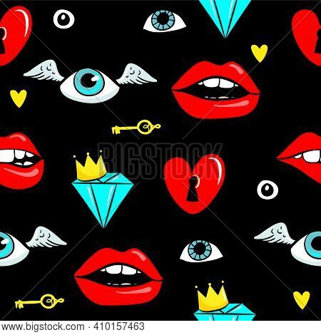 Fashion Patch Badges With Lips, Seyes, Diamonds And Other Elements Seamless Pattern. Vector Backgrou