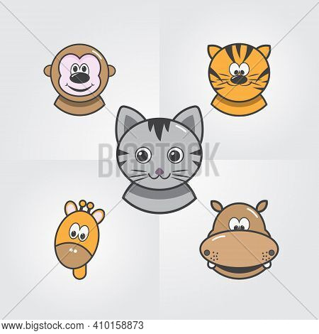 Animal Face Set. Vector Illustration. A Funny Template Design To Kids