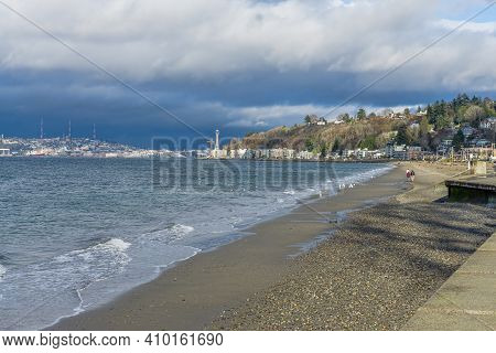 A View Of Alki Beach In West Seattle, Washington. The Month Is February.