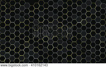 Abstract Black Texture Hexagon Background. Yellow Light Gradient Color