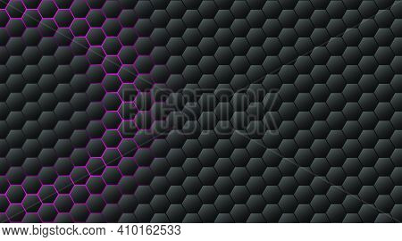 Abstract Black Hexagon Pattern On Pink Neon Background Technology Style. Honeycomb.