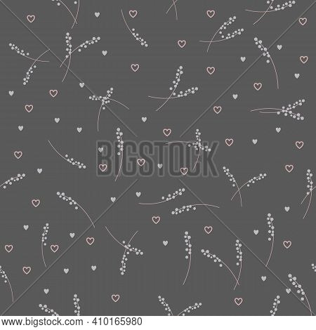 White Flower Stems And Hearts Falling Seamless Pattern With Grey Background. Vector Illustration