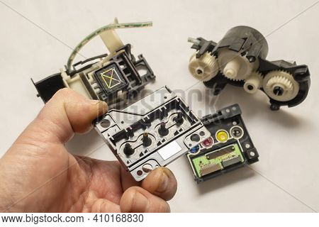 Disassembled Color Inkjet Printer Printhead Mechanism With Pump And Electronic Control Board In The 