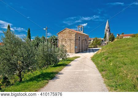 Village Of Vrh In Istrian Inland Church And Street View, Istria Region Of Croatia