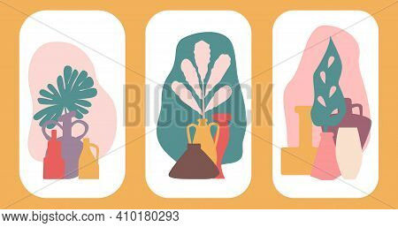 Abstract Boho Posters With Vases And Tropical Plants Vector Illustration