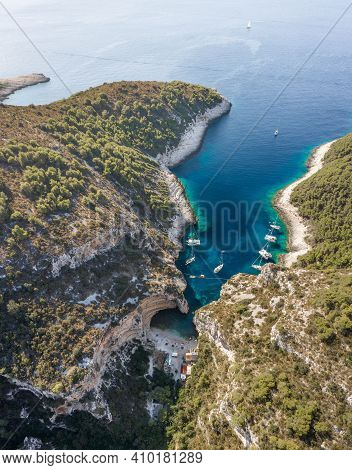 Aerial Drone Shot Of Stiniva Cove Beach Of Adriatic Sea On Vis Island In Croatia Summer