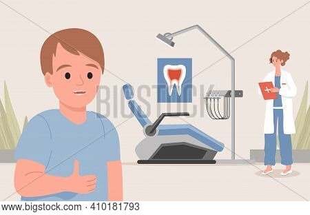 Pediatric Dentistry Clinic Vector Flat Illustration. Little Boy Wearing Dental Braces, Dentist In Wh