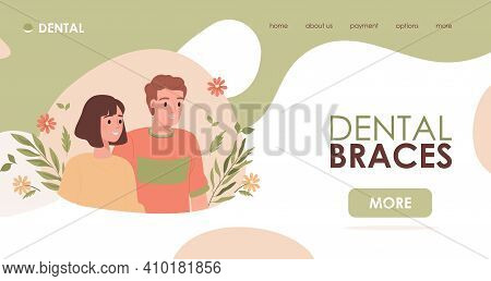 Dental Braces Vector Flat Landing Page Template With Text Space. Young Handsome Man And Woman Wearin