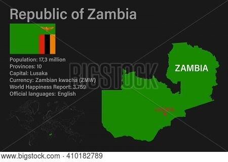 Highly Detailed Zambia Map With Flag, Capital And Small Map Of The World