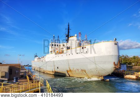 A Scene Of Lake Freighter Moving Through The Welland Canal In Canada