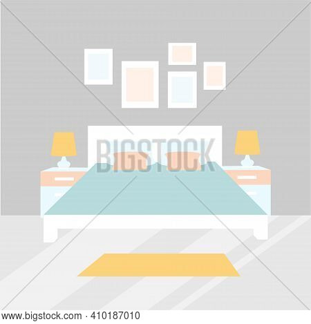 Bedroom. Bed Bedside Pillows Table Lamp Carpet On The Floor Frame On The Wall Blue Pink Grey Yellow 