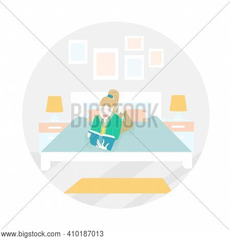 Girl Lying In Bed Reading A Book In Bedroom. Bed Bedside Pillows Table Lamp Carpet On The Floor Fram