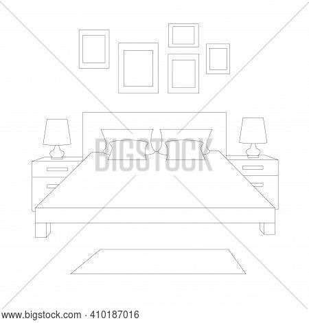 Bedroom. Bed Bedside Pillows Table Lamp Carpet On The Floor Frame On The Wall Monochrome Flat Interi