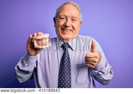 Grey haired senior man holding orthodontic prosthesis denture over purple background happy with big smile doing ok sign, thumb up with fingers, excellent sign
