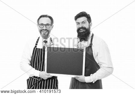 Blackboard. Cafe And Restaurant Opening. Bearded Men With Blackboard, Copy Space. Menu Planning. Hap