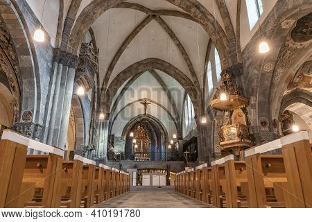 Chur, Switzerland - February 19, 2021: Interior Of The Catholic Cathedral In Chur, The Oldest Town I