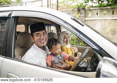 Muslim Family Travel By Car During Eid Mubarak Celebration