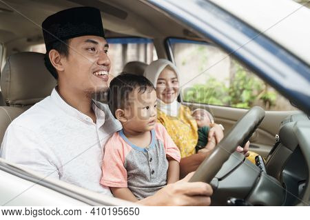 Muslim Family Travel By Car During Eid Mubarak Celebration