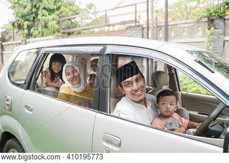 Muslim Family Travel By Car During Eid Mubarak Celebration