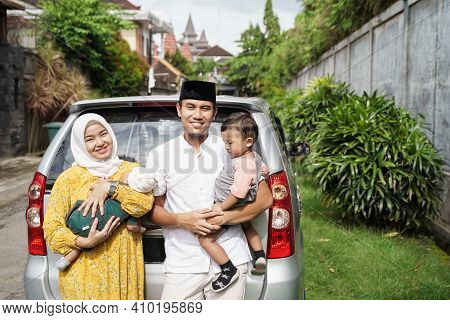Muslim Family Travel By Car During Eid Mubarak Celebration