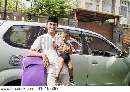 Muslim Family Travel By Car Father And Son On A Trip