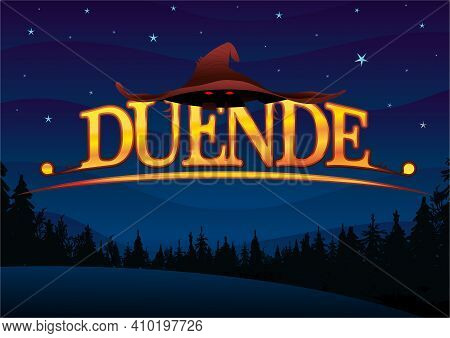 Word Duende - Leprechaun In Spanish Letters In Yellow With A Leprechaun Hat On A Dark Blue Sky With 