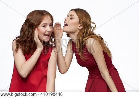 Mom And Daughter Red Dress Hug Family Joy Friendship