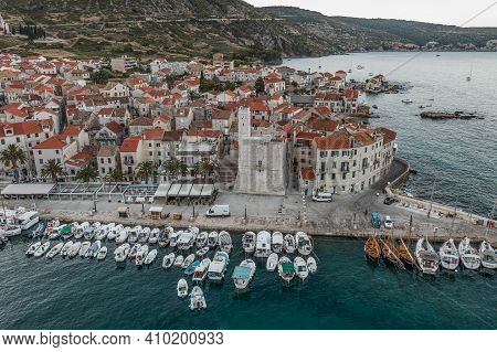 Komiza, Croatia - Aug 19, 2020: Aerial Drone Shot Of Adriatic Coastline By Komiza On Vis Island Befo