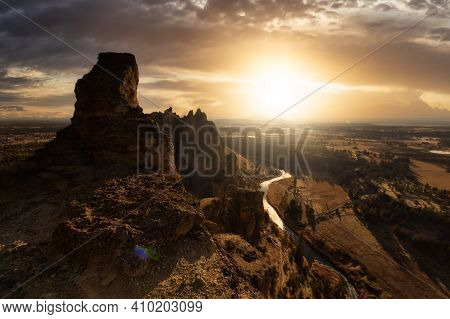 Beautiful American Landscape During A Vibrant Winter Day. Colorful Sunset Sky Art Render. Taken In S