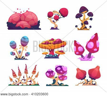 Alien Mushrooms. Cartoon Colorful Fantasy Flora. Extraterrestrial Nature. Mystical Magical Ingredien