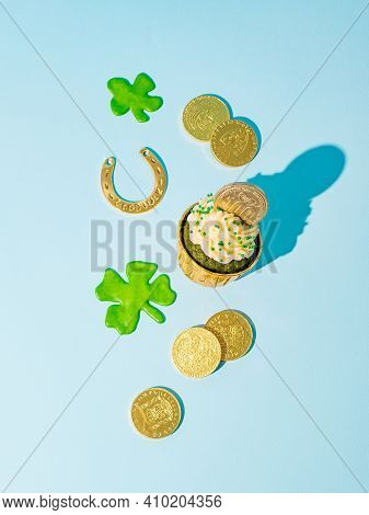 St Patricks Day Concept. Modern Still Life With Lucky Symbols And Sweet Food For Saint Patricks Day 