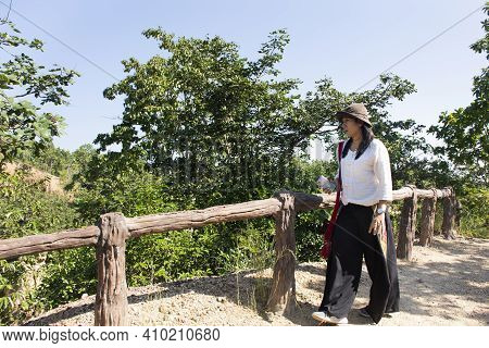 Travelers Thai Women People Walking Travel Visit Pha Chor Canyon Cliffs And Trekking Hiking On Natur